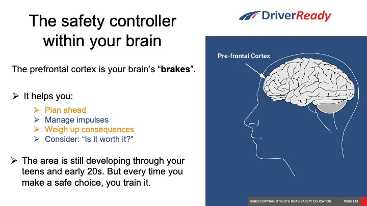 DriverReady teaching material explaining the prefrontal cortex and decision-making