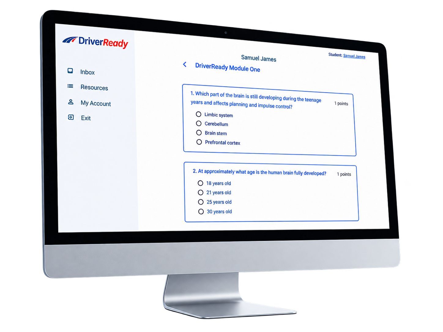 DriverReady learning platform displayed on a desktop computer